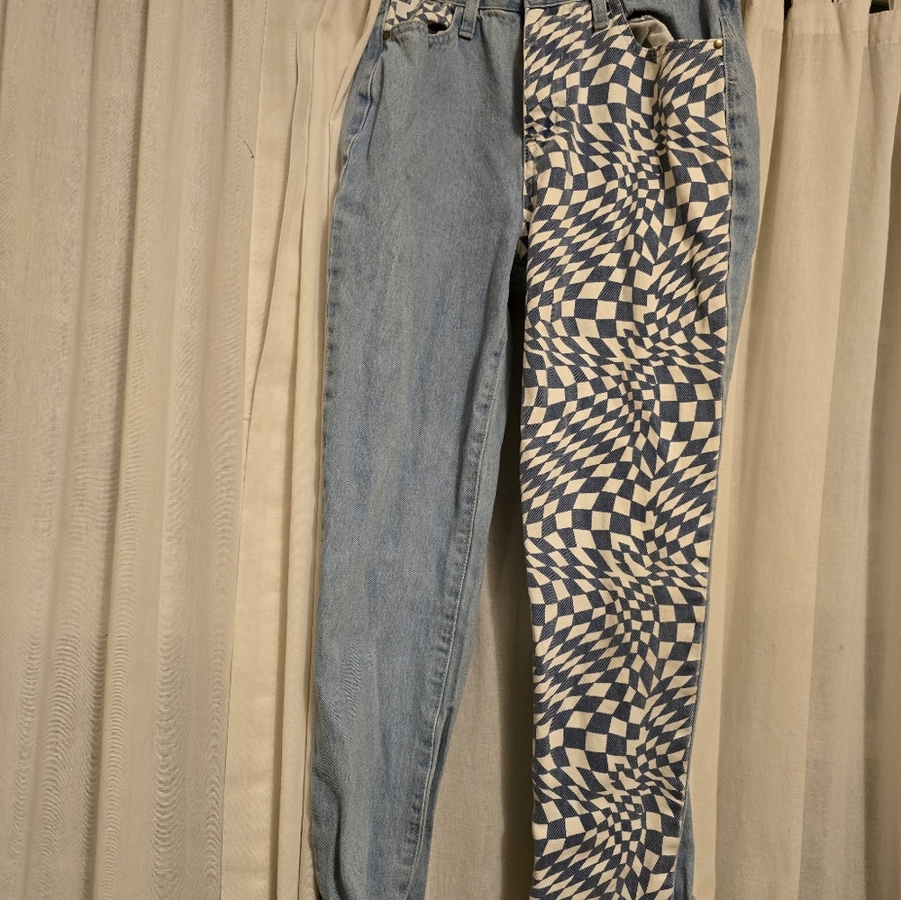 Machine Brand relaxed boyfriend jeans with one checkerboard leg. Size 0.